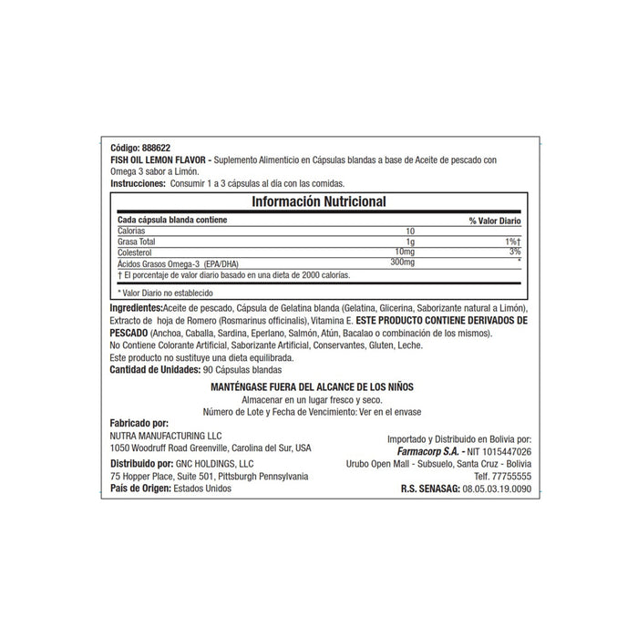 Aceite De Pescado Gnc Sabor Limón X 90 Capsulas Blandas Con Omega 3