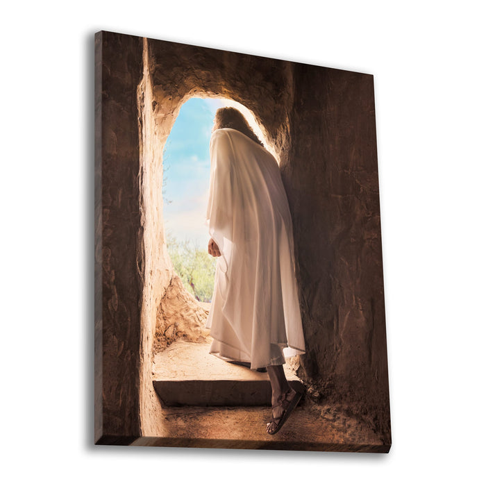 Jesus Christ exiting the tomb. 'Alive' is a modern realistic Christian art work on canvas by Reflections of Christ.