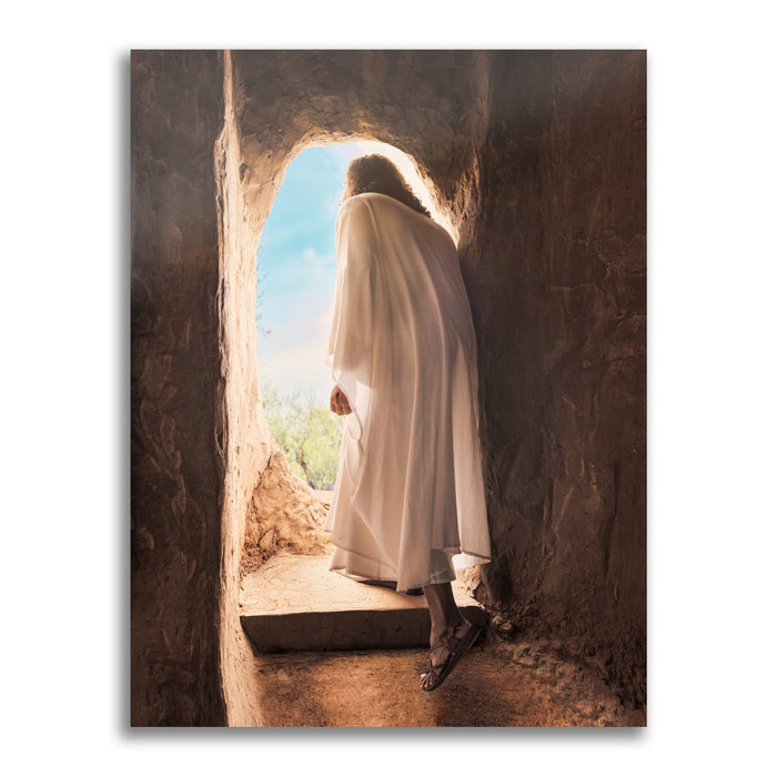 Jesus Christ exiting the tomb. 'Alive' is a modern realistic Christian art work on metal by Reflections of Christ.