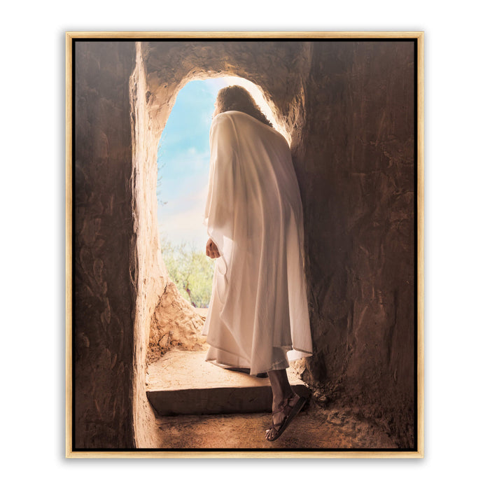 Jesus Christ exiting the tomb. 'Alive' is a modern realistic Christian art work on gold metal by Reflections of Christ.