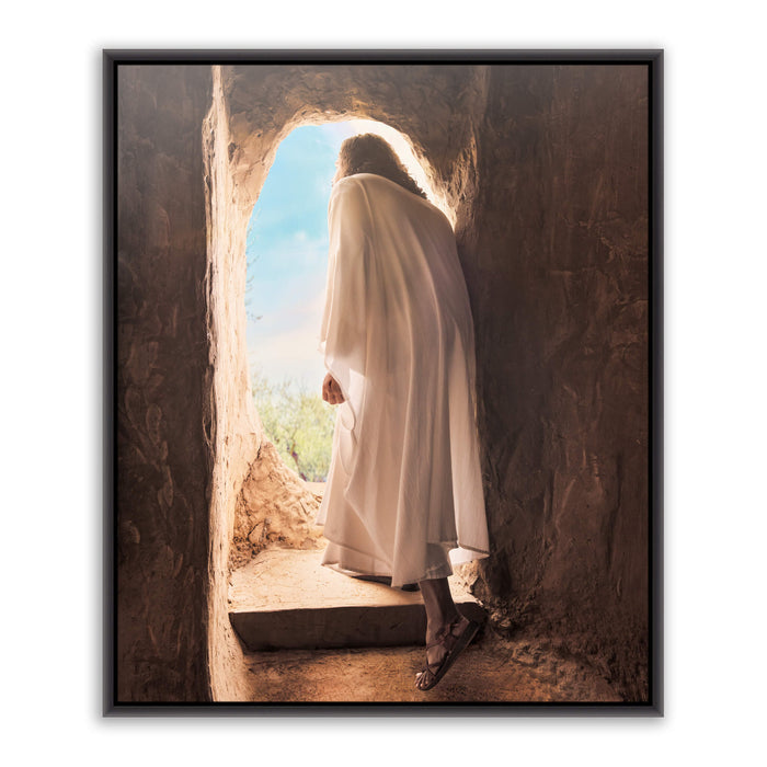 Jesus Christ exiting the tomb. 'Alive' is a modern realistic Christian art work on black metal by Reflections of Christ.