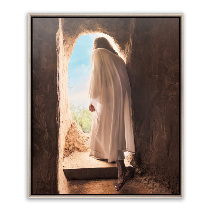 Jesus Christ exiting the tomb. 'Alive' is a modern realistic Christian art work on silver metal by Reflections of Christ.