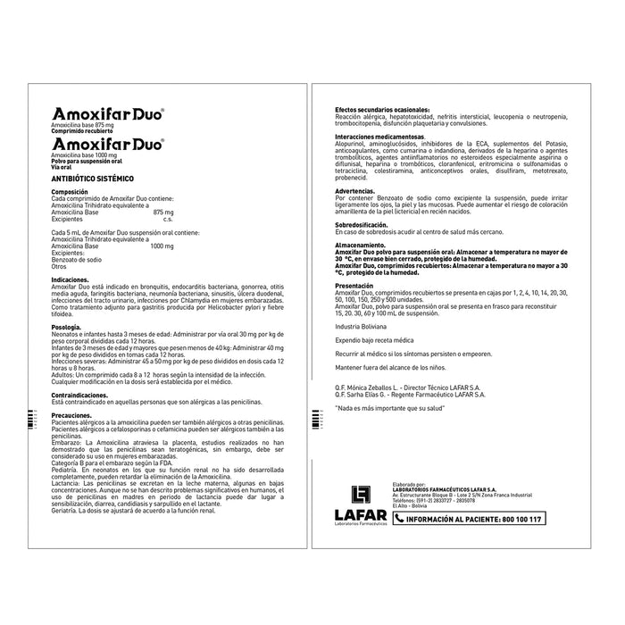 Amoxifar Duo Amoxicilina 1000Mg 5Ml Suspencion X 60Ml