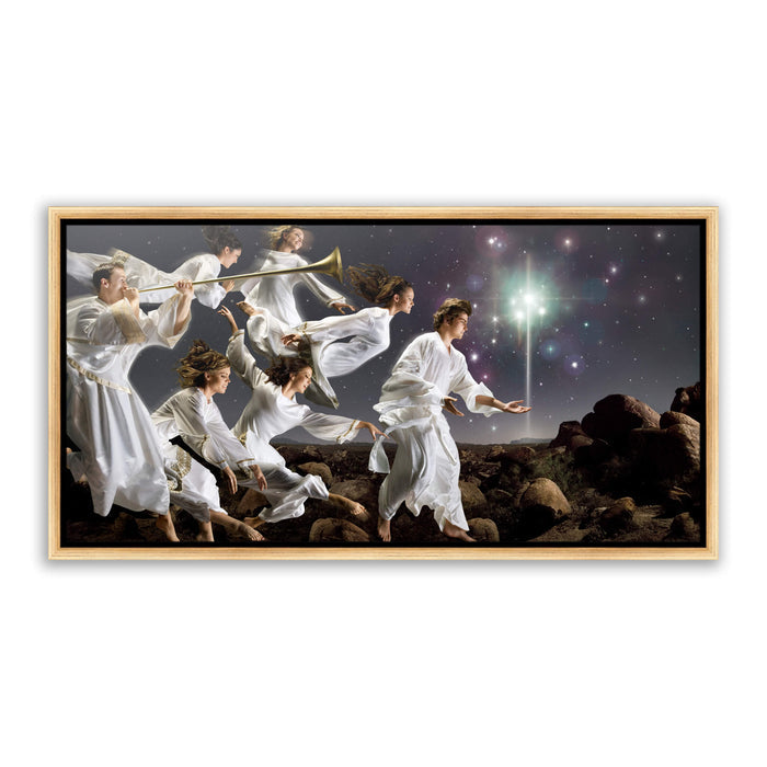 Jesus Christ birth announcement. 'Angels' modern realistic Christian art work on metal gold frame by Reflections of Christ.