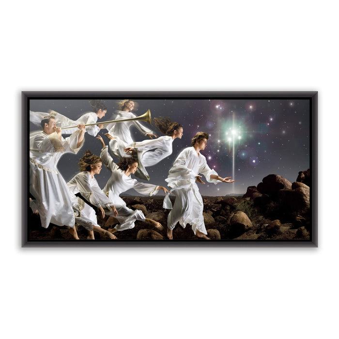 Jesus Christ birth announcement. 'Angels' modern realistic Christian art work on metal black frame by Reflections of Christ.