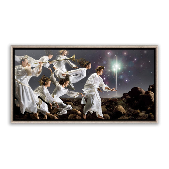 Jesus Christ birth announcement. 'Angels' modern realistic Christian art work on metal silver frame by Reflections of Christ.