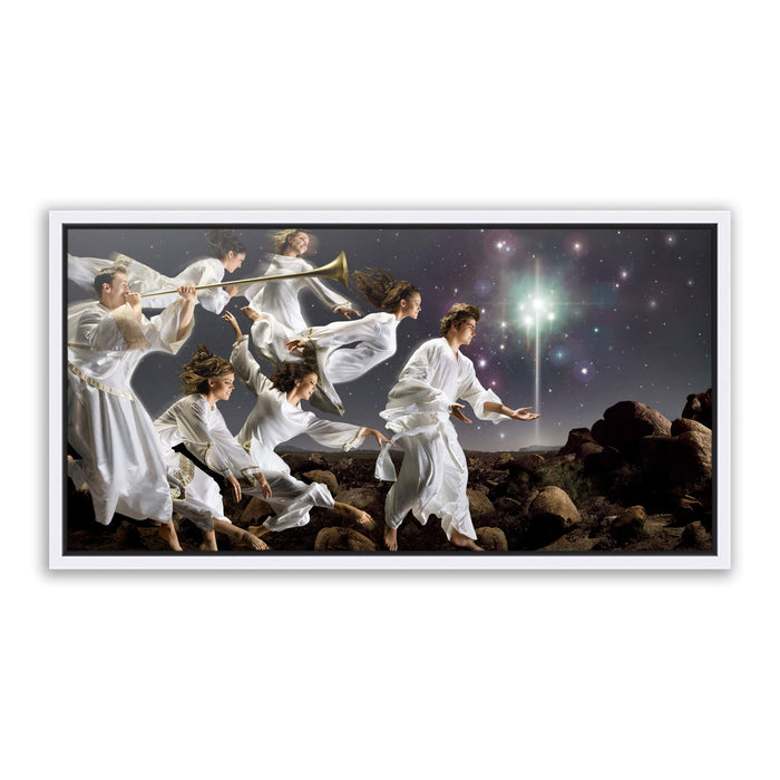 Jesus Christ birth announcement. 'Angels' modern realistic Christian art work on metal white frame by Reflections of Christ.