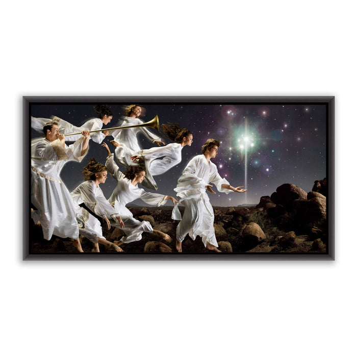 Jesus Christ birth announcement. 'Angels' modern realistic Christian art work on canvas black frame by Reflections of Christ.