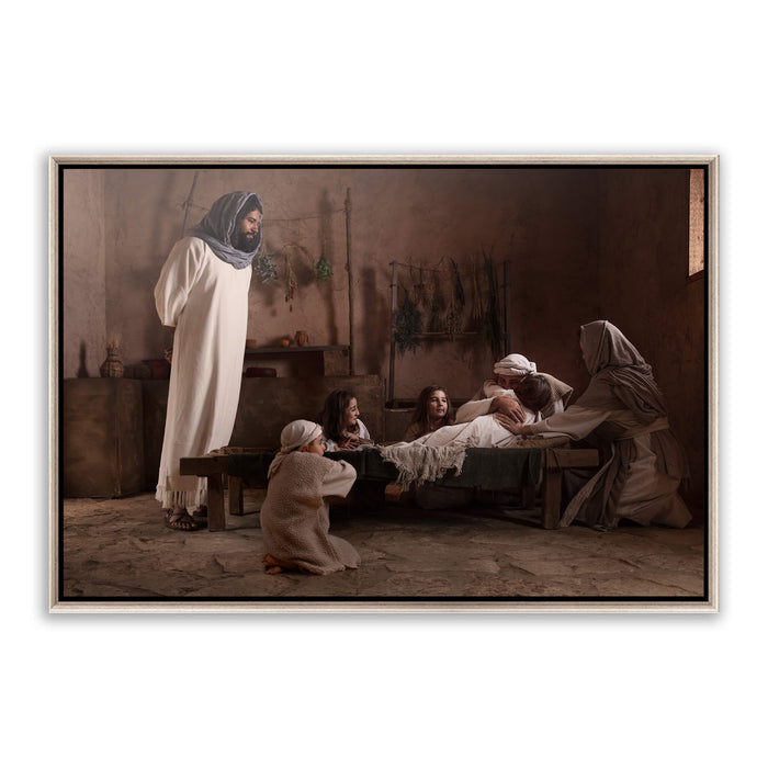 Jesus Christ raising Jairus' daughter. 'Arise' realistic Christian art work on metal in silver frame by Reflections of Christ.