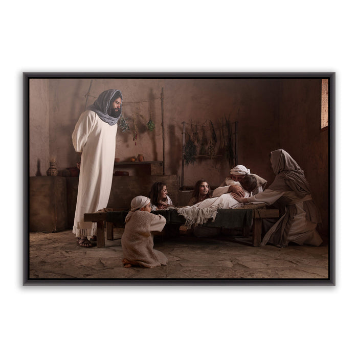 Jesus Christ raising Jairus' daughter. 'Arise' realistic Christian art work on metal in black frame by Reflections of Christ.