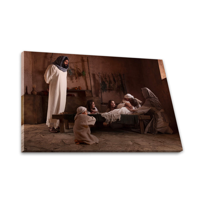 Jesus Christ raising Jairus' daughter. 'Arise' realistic Christian art work on canvas by Reflections of Christ.