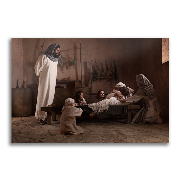 Jesus Christ raising Jairus' daughter. 'Arise' realistic Christian art work on metal by Reflections of Christ.