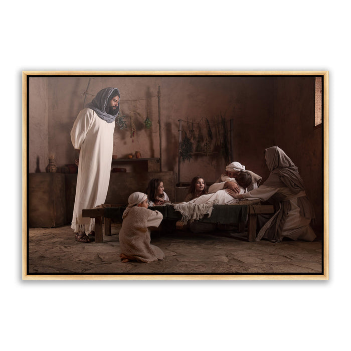 Jesus Christ raising Jairus' daughter. 'Arise' realistic Christian art work on metal in gold frame by Reflections of Christ.