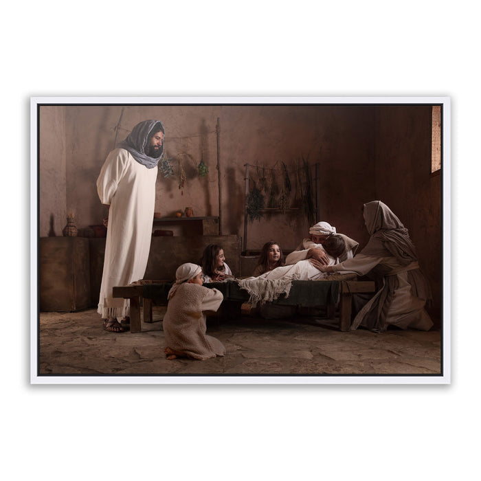 Jesus Christ raising Jairus' daughter. 'Arise' realistic Christian art work on metal in white frame by Reflections of Christ.