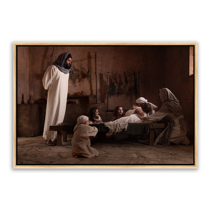 Jesus Christ raising Jairus' daughter. 'Arise' realistic Christian art work on canvas in gold frame by Reflections of Christ.