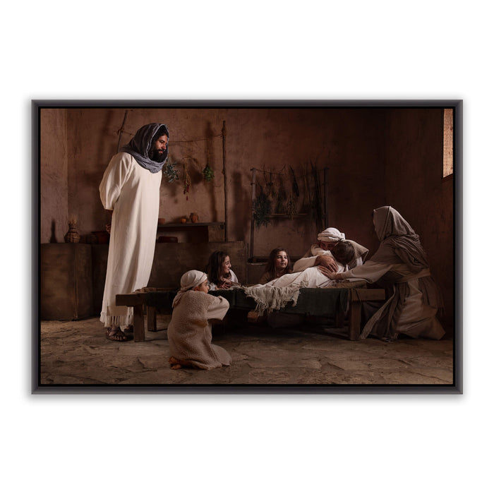 Jesus Christ raising Jairus' daughter. 'Arise' realistic Christian art work on canvas in black frame by Reflections of Christ.