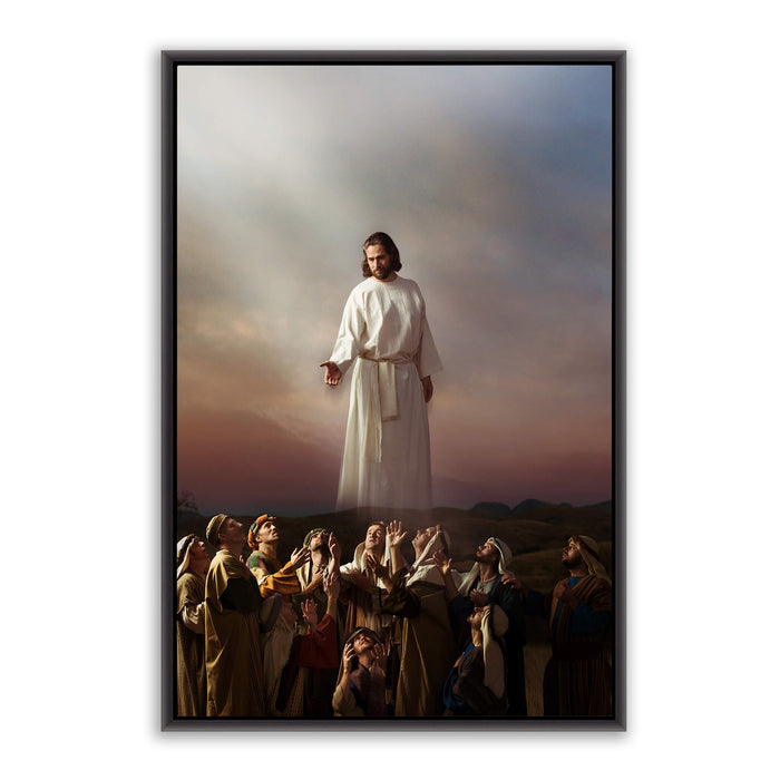 Jesus Christ on Mount of Olives. 'Ascension' is a realistic Christian painting on metal with black frame by Reflections of Christ.