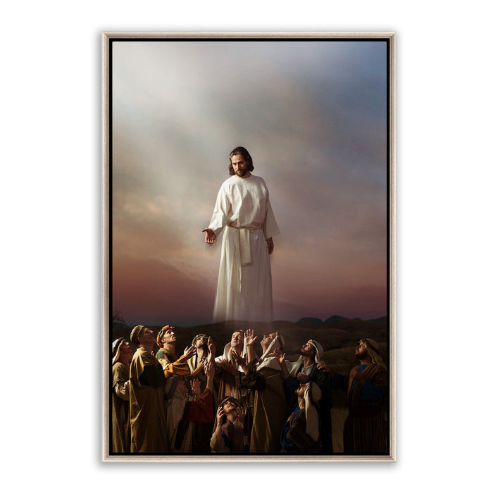 Jesus Christ on Mount of Olives. 'Ascension' is a realistic Christian painting on metal with silver frame by Reflections of Christ.
