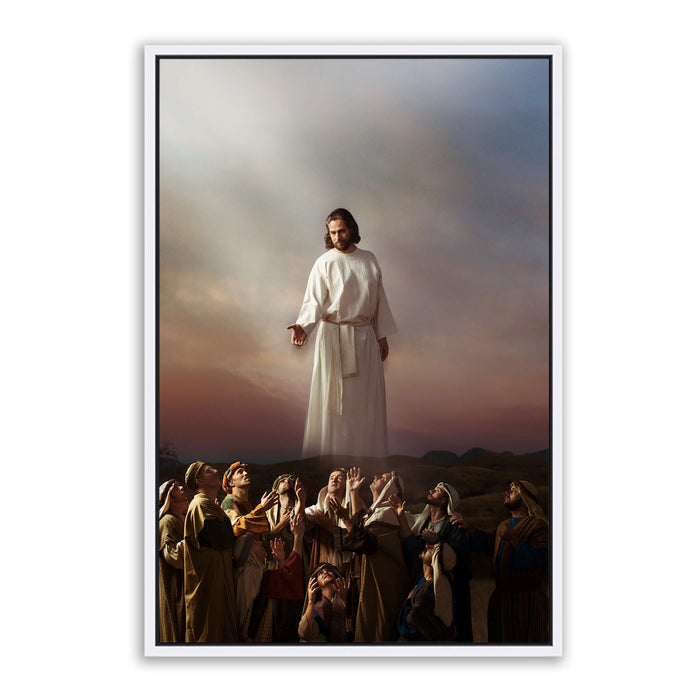 Jesus Christ on Mount of Olives. 'Ascension' is a realistic Christian painting on metal with white frame by Reflections of Christ.