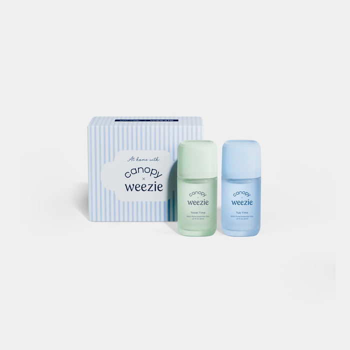 A Weezie deodorant gift set featuring a striped blue and white box, a mint green roll-on bottle, and a light blue stick deodorant, all on a clean white background.