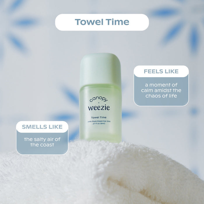 A roll-on deodorant bottle labeled 'canopy weezie Towel Time' sits on a white towel with soft blue decorative background elements and marketing text callouts around it.