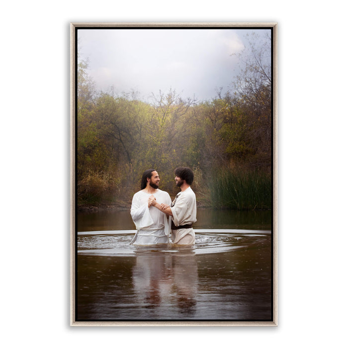 Jesus Christ 'Baptism' by John. Modern Christian art work on metal with silver frame by Reflections of Christ.