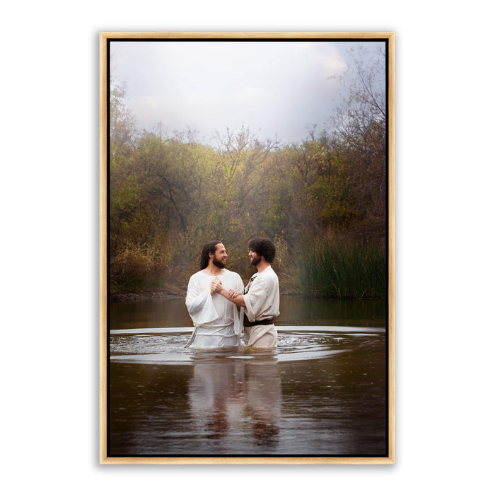 Jesus Christ 'Baptism' by John. Modern Christian art work on metal with gold frame by Reflections of Christ.