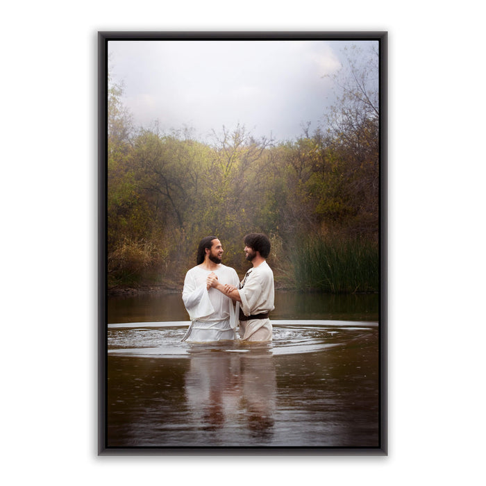 Jesus Christ 'Baptism' by John. Modern Christian art work on metal with black frame by Reflections of Christ.