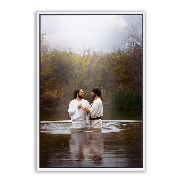 Jesus Christ 'Baptism' by John. Modern Christian art work on metal with white frame by Reflections of Christ.