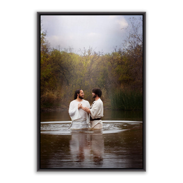 Jesus Christ 'Baptism' by John. Modern Christian art work on canvas with black frame by Reflections of Christ.