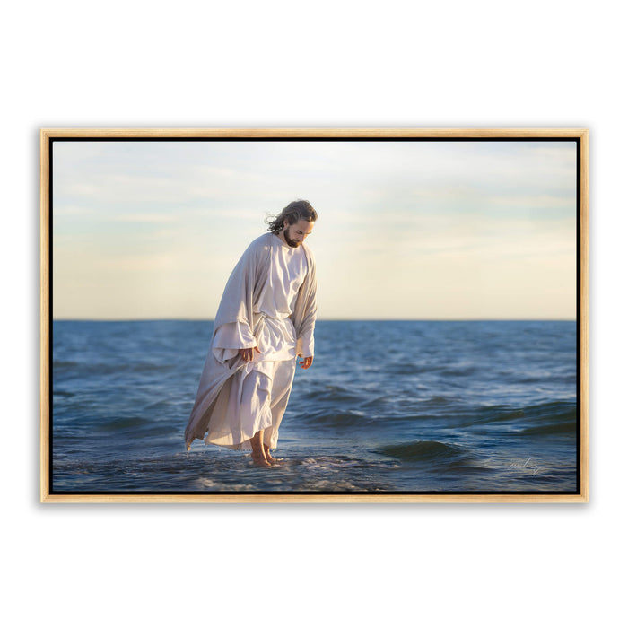 Jesus Christ 'Be Not Afraid' walking on water. Realistic Christian art work on metal with gold frame by Reflections of Christ.