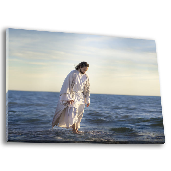 Jesus Christ 'Be Not Afraid' walking on water. Realistic Christian art work on canvas by Reflections of Christ.