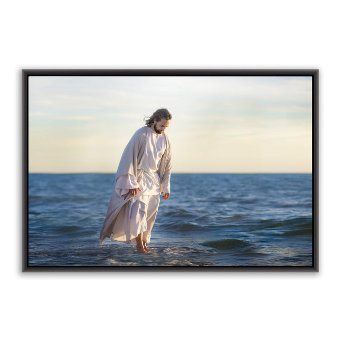 Jesus Christ 'Be Not Afraid' walking on water. Realistic Christian art work on metal with black frame by Reflections of Christ.