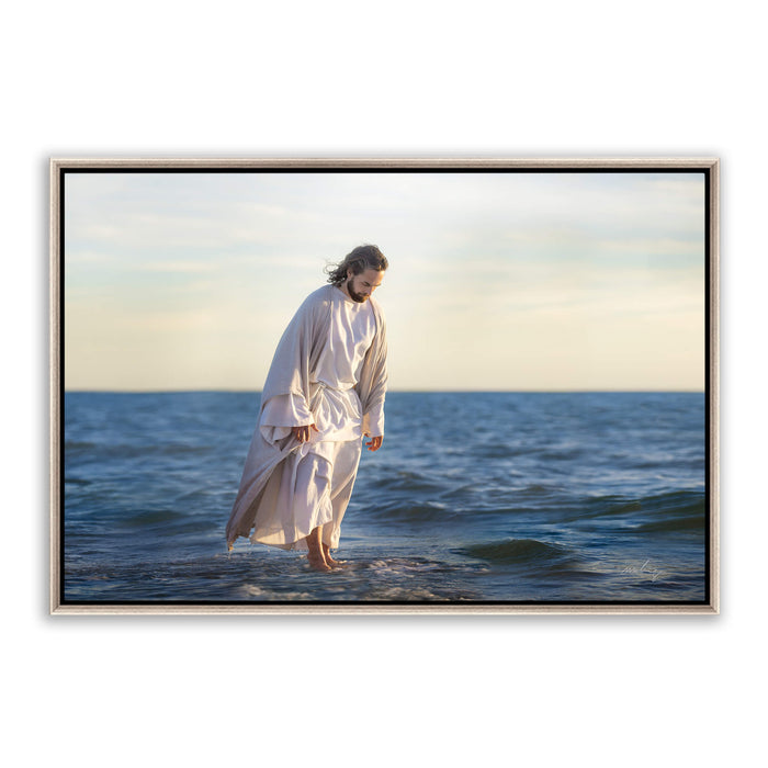 Jesus Christ 'Be Not Afraid' walking on water. Realistic Christian art work on metal with silver frame by Reflections of Christ.