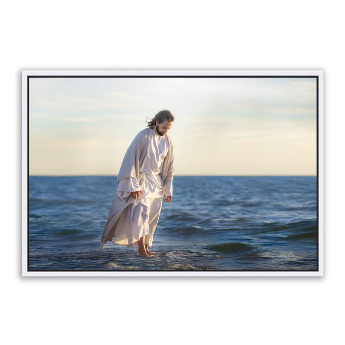 Jesus Christ 'Be Not Afraid' walking on water. Realistic Christian art work on metal with white frame by Reflections of Christ.