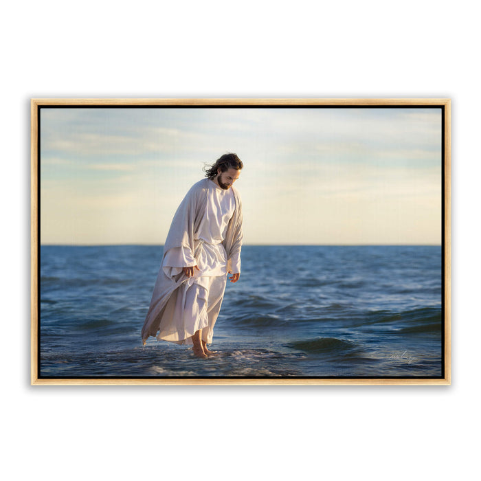 Jesus Christ 'Be Not Afraid' walking on water. Realistic Christian art work on canvas with gold frame by Reflections of Christ.