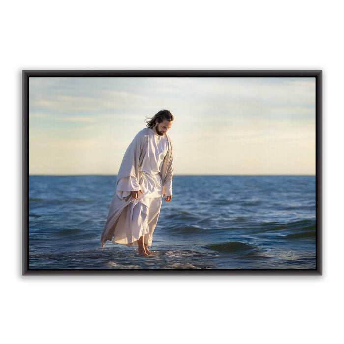 Jesus Christ 'Be Not Afraid' walking on water. Realistic Christian art work on canvas with black frame by Reflections of Christ.