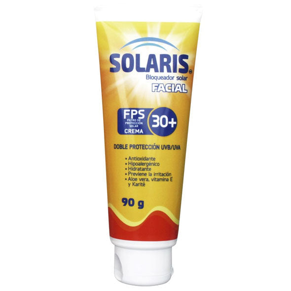 Tubo de bloqueador solar facial Solaris FPS30+ de 90g.