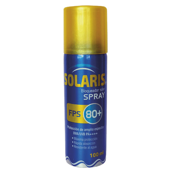 Envase de bloqueador solar Solaris FPS80+ en spray de 100ml.