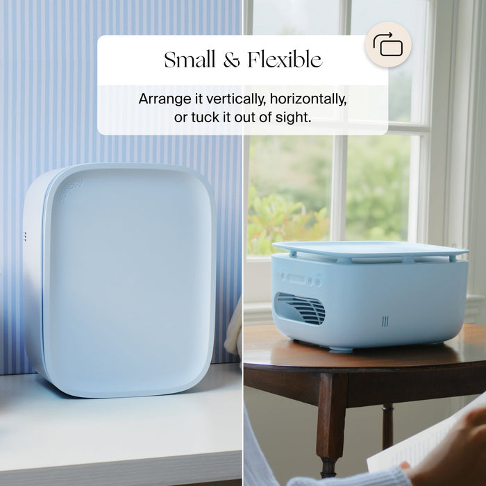 A light blue flexible desk organizer shown in a split lifestyle image. On the left, it is shown standing vertically on a white surface against a blue striped wall with a text overlay reading 'Small & Flexible'.