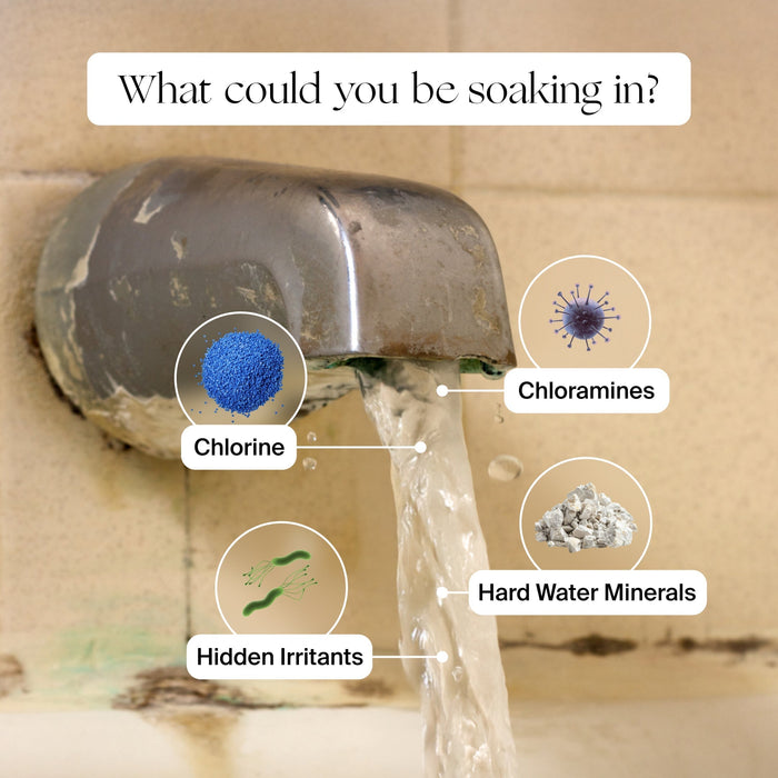 Illustration of a faucet with water flowing, labeled with contaminants like chlorine, chloramines, hard water minerals, and hidden irritants.