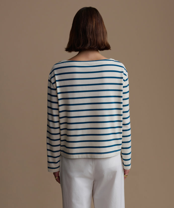 Person wearing a striped shirt and white pants against a beige background