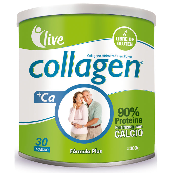 Envase de Colágeno Live Collagen Fort Plus Farmacorp con Calcio de 300g.