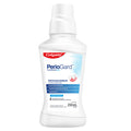Botella de solución bucal Colgate Perio Gard, 250ml, con tapa azul oscuro.
