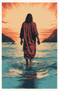 Jesus Christ 'Crimson Grace' walking on water. Modern realistic Christian screen print art work by Reflections of Christ.