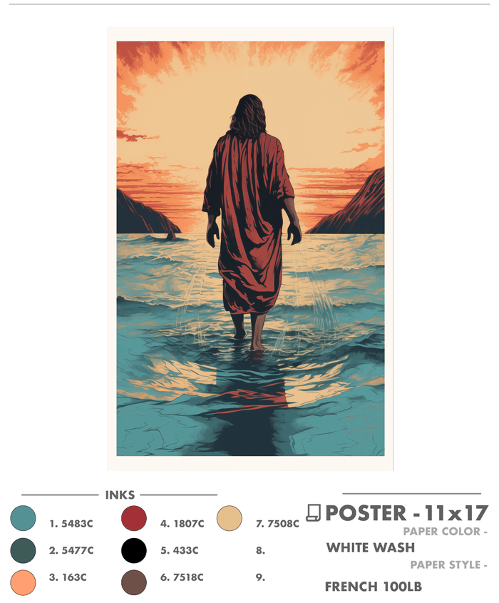 Jesus Christ 'Crimson Grace' walking on water. Modern realistic Christian screen print art work by Reflections of Christ.