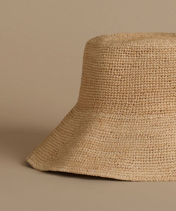 Close-up of a woven straw hat on a beige background
