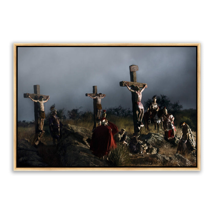 Jesus Christ 'Crucifixion' scene. Modern Christian wall art on metal with gold frame by Reflections of Christ.