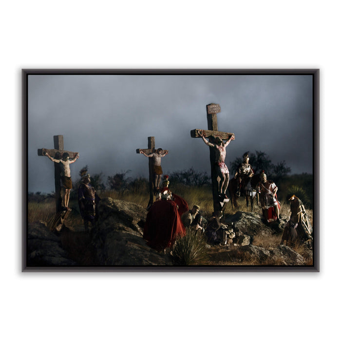 Jesus Christ 'Crucifixion' scene. Modern Christian wall art on metal with black frame by Reflections of Christ.