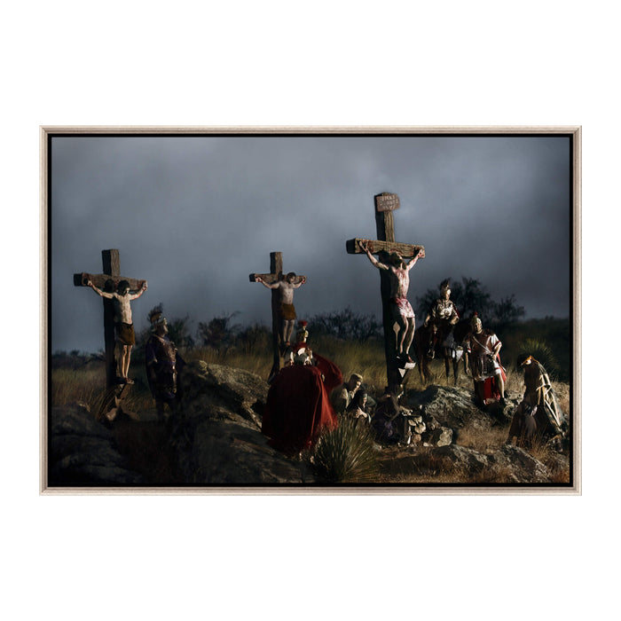 Jesus Christ 'Crucifixion' scene. Modern Christian wall art on metal with silver frame by Reflections of Christ.